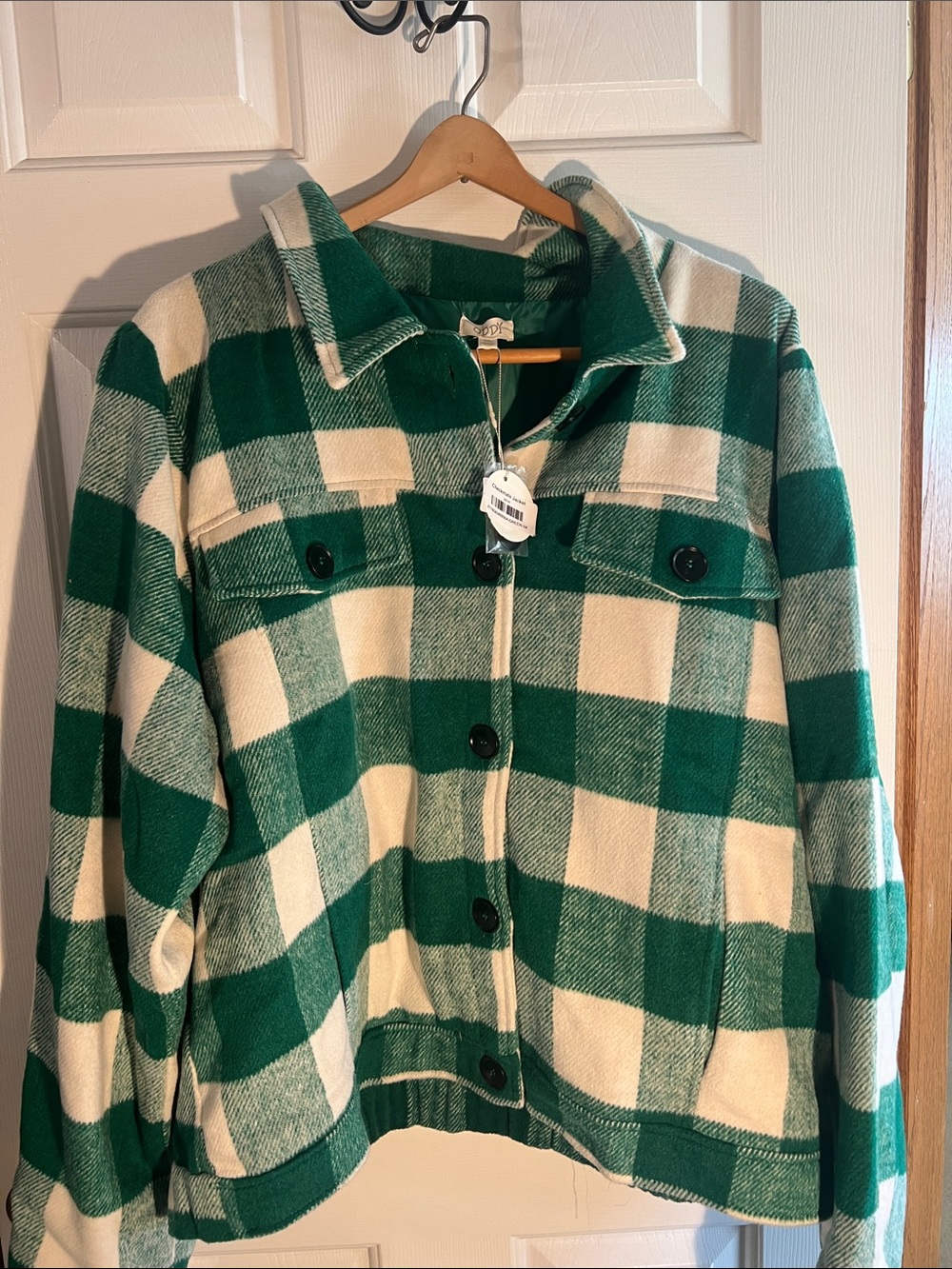 ODDY Green and Cream Plaid Button-Front Pea Coat